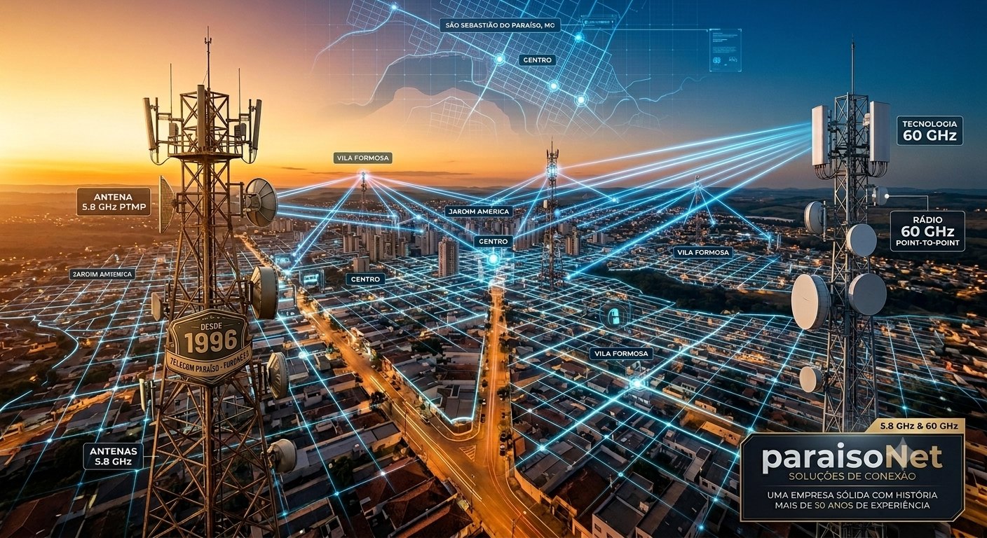 paraisoNet - São Sebastião do Paraíso/MG. Tecnologia 5,8 GHz e 60 GHz. Mais de 30 anos de experiência.